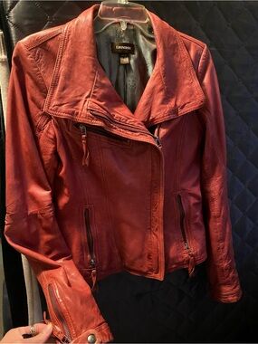 Danier Genuine Lambskin Leather Moto Jacket - Asymmetric Zip - Raspberry Red XS
